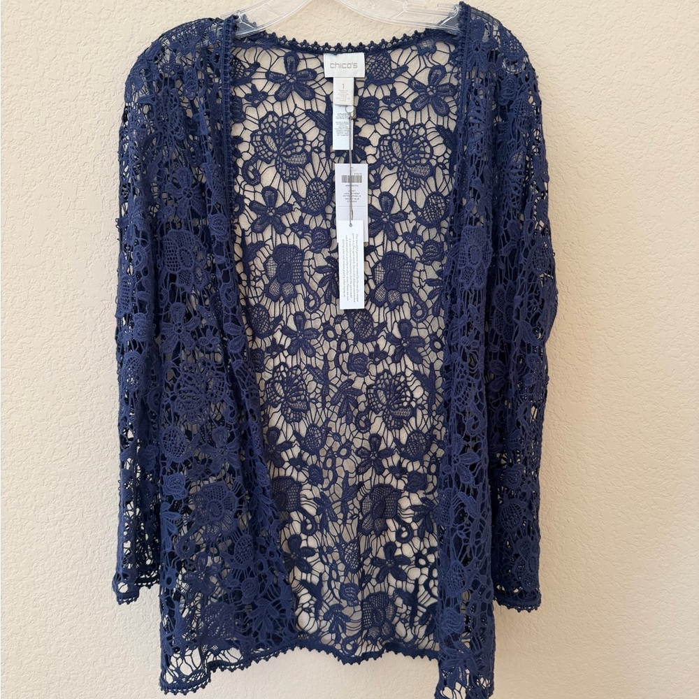 Chico's Dark Navy Floral Crochet Open-Front Cardigan